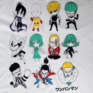 One Punch Man Mens White Chibi Character Grid Graphic T-Shirt Anime Manga Tee